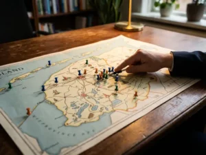 Kaart van Friesland op houten bureau met gekleurde punaises die vacatures markeren, recruiter wijst naar werkgelegenheidsclusters