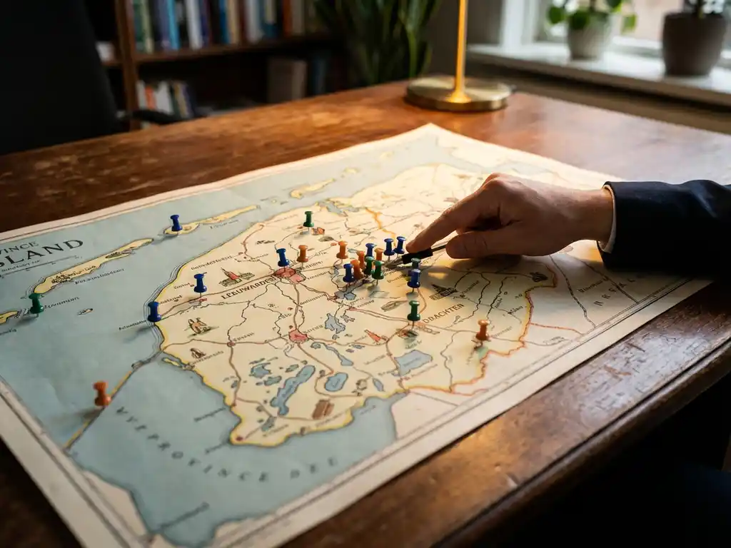 Kaart van Friesland op houten bureau met gekleurde punaises die vacatures markeren, recruiter wijst naar werkgelegenheidsclusters