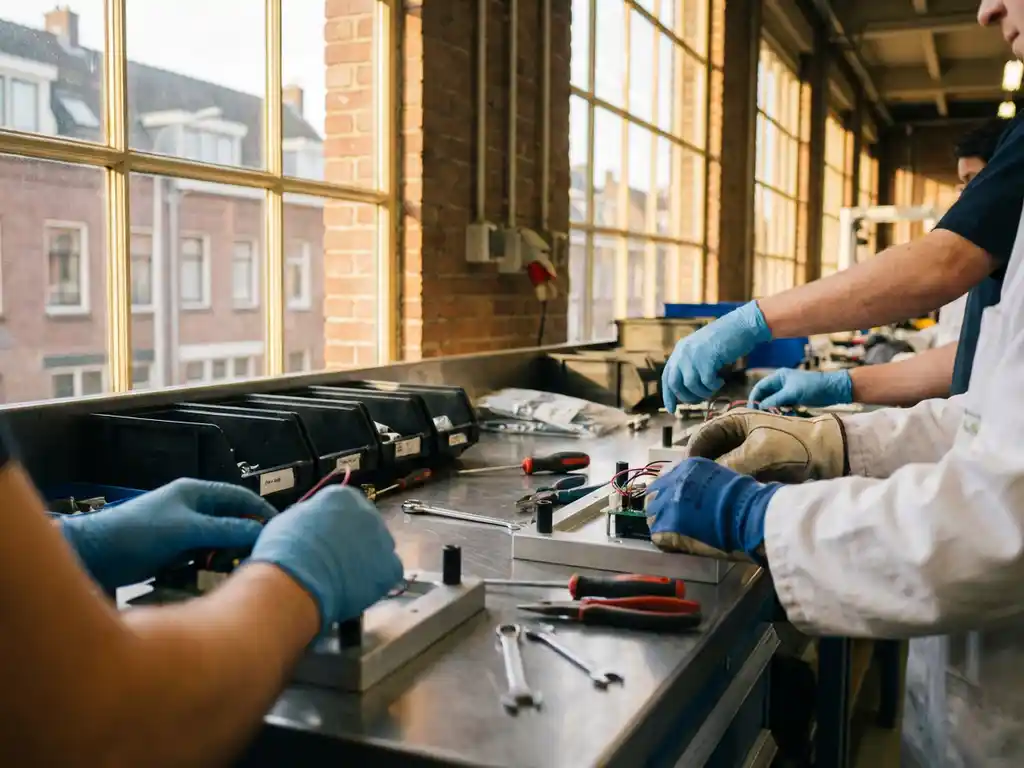Diverse handen werken samen aan productassemblage op industriële werkbank in Groningse fabriek met natuurlijk licht
