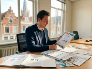 Jonge professional bekijkt kleurrijke trainingscertificaten aan moderne werkplek in helder Groningen kantoor met historische architectuur op achtergrond