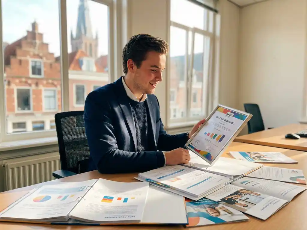 Jonge professional bekijkt kleurrijke trainingscertificaten aan moderne werkplek in helder Groningen kantoor met historische architectuur op achtergrond