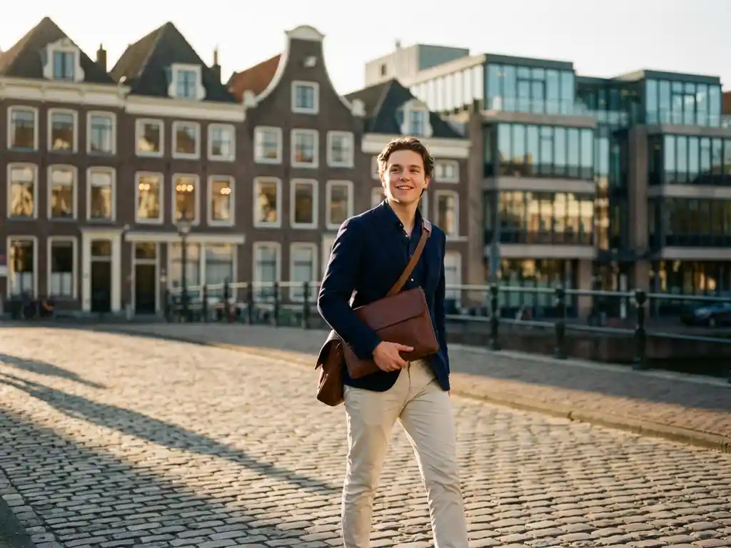 Jonge professional loopt zelfverzekerd door historische kasseienstraten van Groningen centrum met leren portfolio