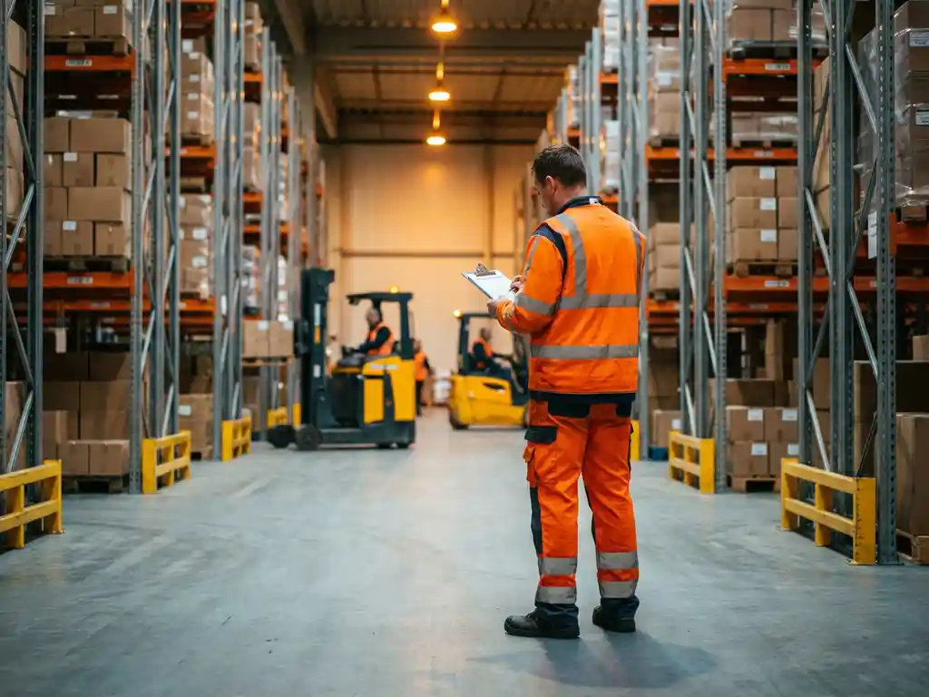 Magazijnmedewerker in reflecterend veiligheidsvest controleert voorraad op klembord tussen hoge stellingen in distributiecentrum Groningen