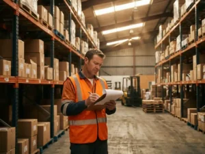 Magazijnmedewerker in oranje hesje controleert items op klembord tussen hoge stellingen vol kartonnen dozen