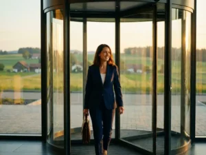 Professionele vrouw in zakelijke kleding loopt zelfverzekerd door glazen kantoorgebouw ingang met aktetas, Friese landschap op achtergrond