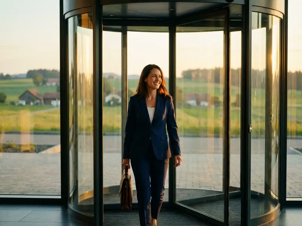 Professionele vrouw in zakelijke kleding loopt zelfverzekerd door glazen kantoorgebouw ingang met aktetas, Friese landschap op achtergrond