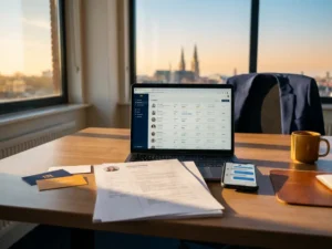 Recruiter bureau met laptop vol sollicitaties, cv's en visitekaartjes op houten tafel, smartphone met WhatsApp berichten, Groningen skyline op achtergrond