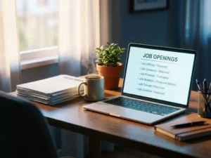 Recruiter bureau met laptop met vacatures, koffiekop, cv's, plant en pennenhouder in natuurlijk licht