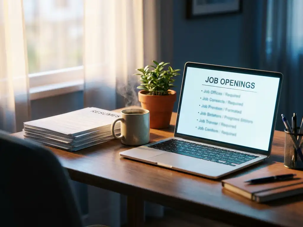 Recruiter bureau met laptop met vacatures, koffiekop, cv's, plant en pennenhouder in natuurlijk licht