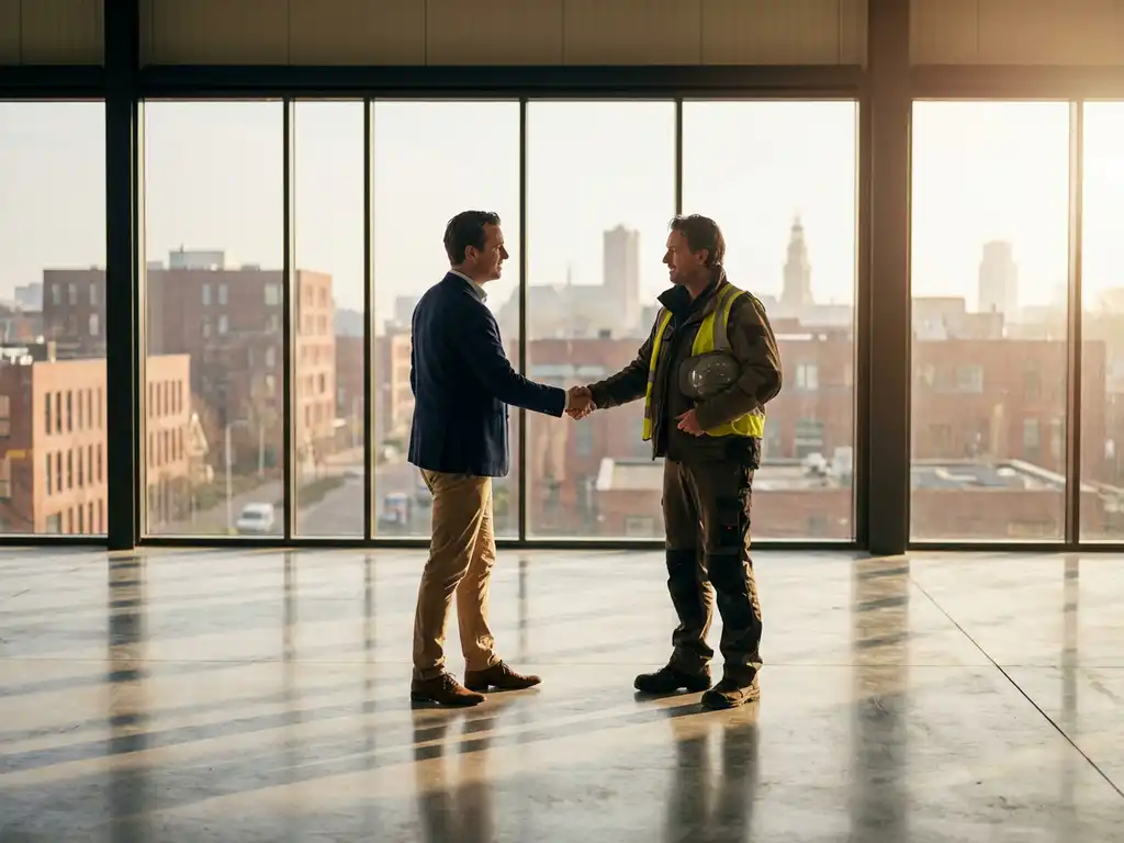 Professionele handdruk tussen recruiter in marineblauw jasje en fabrieksupervisor in werkkleding in moderne Groningse industriële faciliteit
