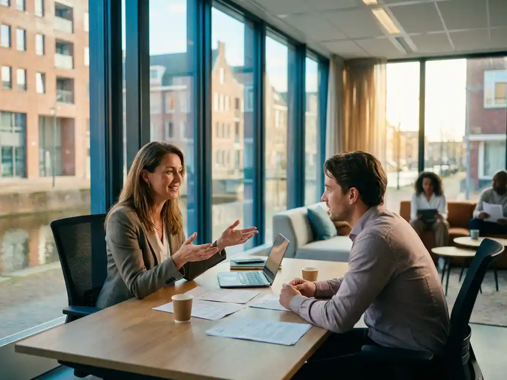 Professionele recruiter in gesprek met sollicitant aan modern bureau in Groningen kantoor met natuurlijk licht