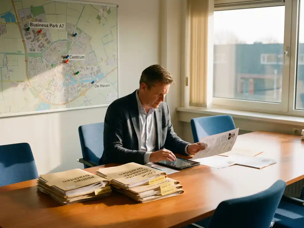 Recruitment consultant beoordeelt kandidaatprofielen aan modern bureau in Drachten met stadskaart en georganiseerde mappen