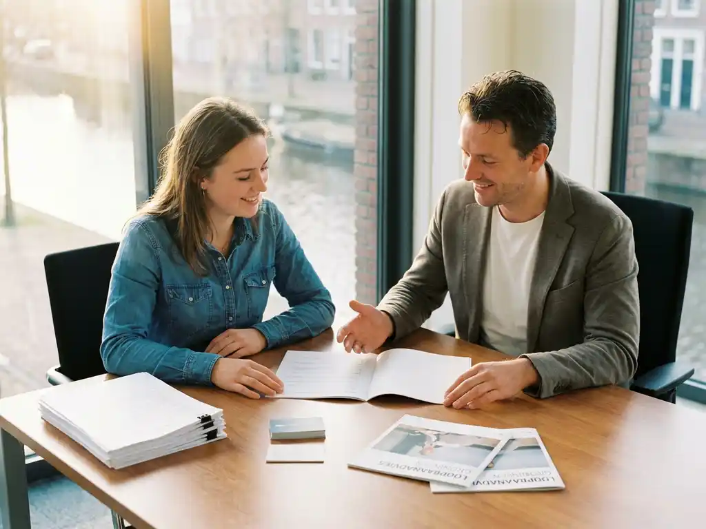Jonge professional en wervingsconsultant bespreken documenten aan modern bureau in Groningen kantoor met warme middagzon