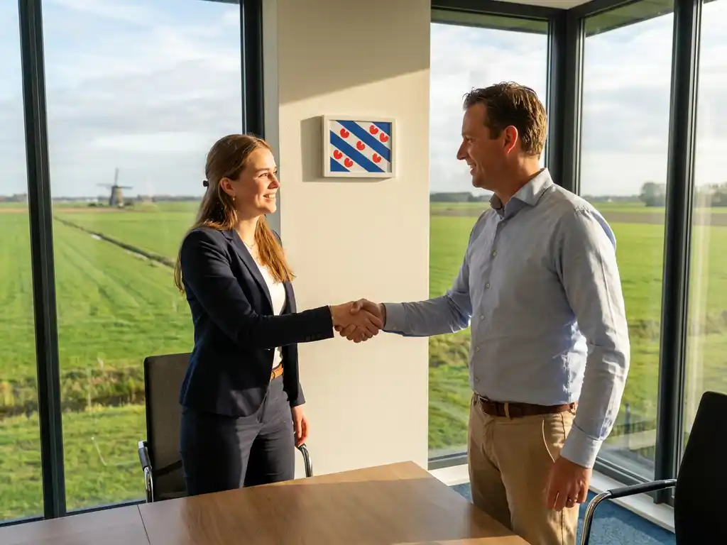 Jonge professional schudt handen met recruitment consultant in modern kantoor met Friese vlag en Nederlands landschap op achtergrond