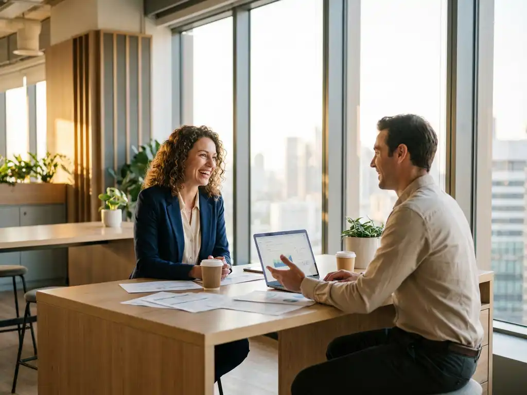 Professionele vrouw in gesprek met recruitment consultant aan modern kantoorbureau met laptop en documenten
