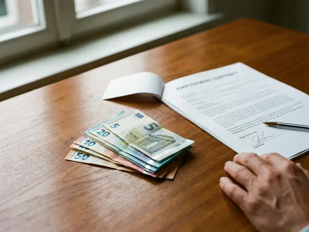 Nederlandse eurobiljetten gestapeld op houten bureau naast open arbeidscontract en pen, natuurlijk licht