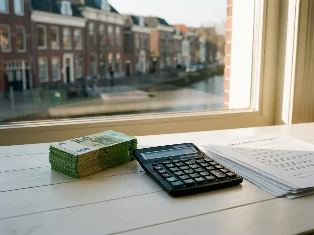 Nederlandse eurobankbiljetten gestapeld naast rekenmachine en arbeidscontract op wit bureau, Groningen zichtbaar op achtergrond