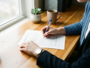 Professionele vrouwenhanden vullen sollicitatieformulier in met blauwe pen op houten bureau bij natuurlijk licht