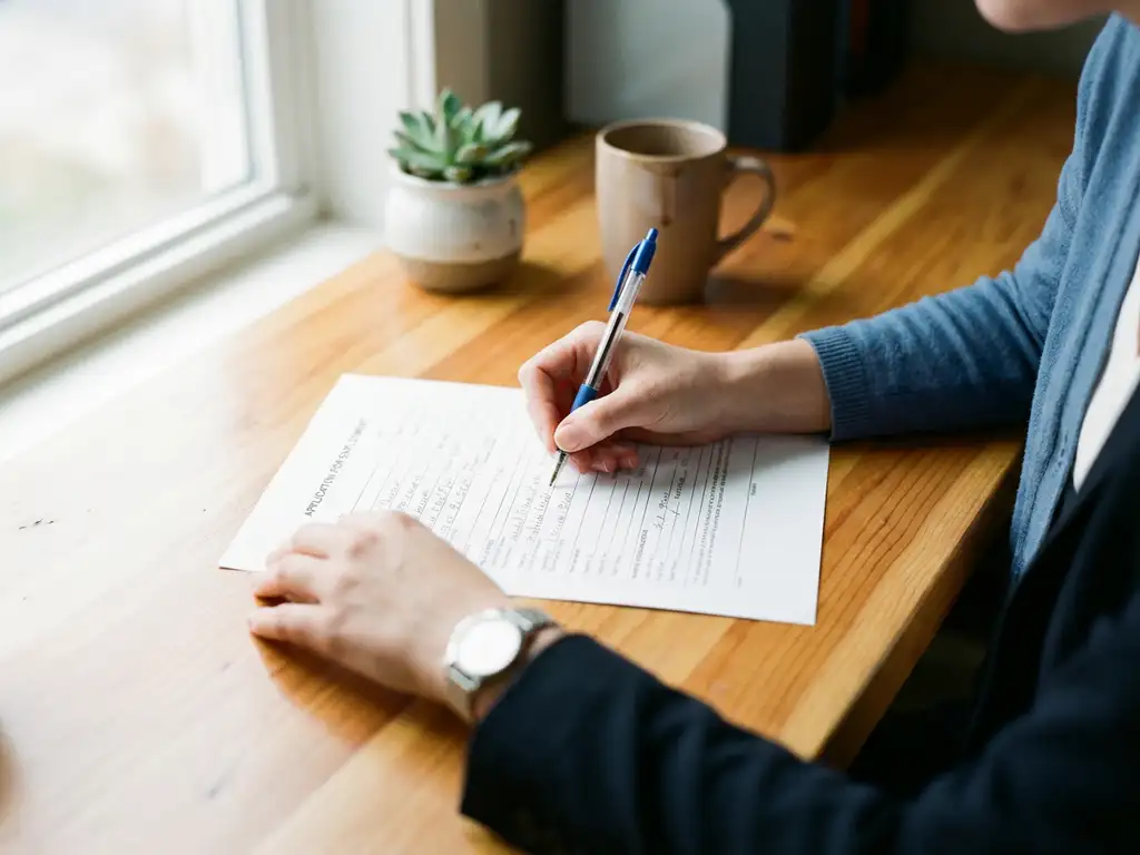 Professionele vrouwenhanden vullen sollicitatieformulier in met blauwe pen op houten bureau bij natuurlijk licht