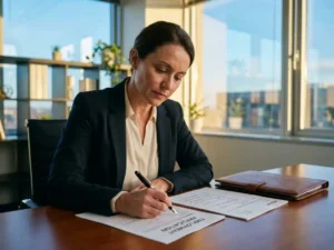 Professionele vrouw in zakelijke kleding vult sollicitatieformulieren in aan houten bureau met cv en portfolio