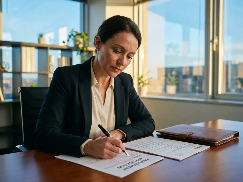 Professionele vrouw in zakelijke kleding vult sollicitatieformulieren in aan houten bureau met cv en portfolio
