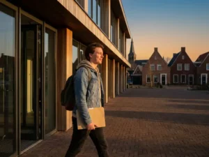 Jonge persoon loopt zelfverzekerd door ingang modern kantoorgebouw in Friesland met map, traditionele architectuur op achtergrond