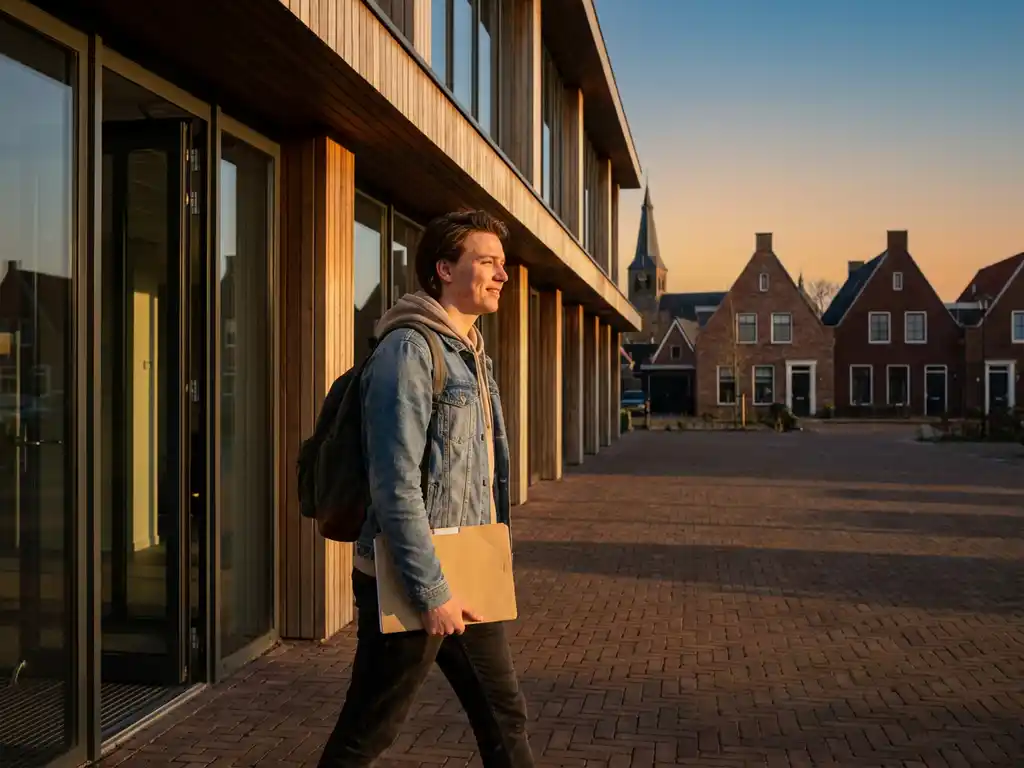 Jonge persoon loopt zelfverzekerd door ingang modern kantoorgebouw in Friesland met map, traditionele architectuur op achtergrond