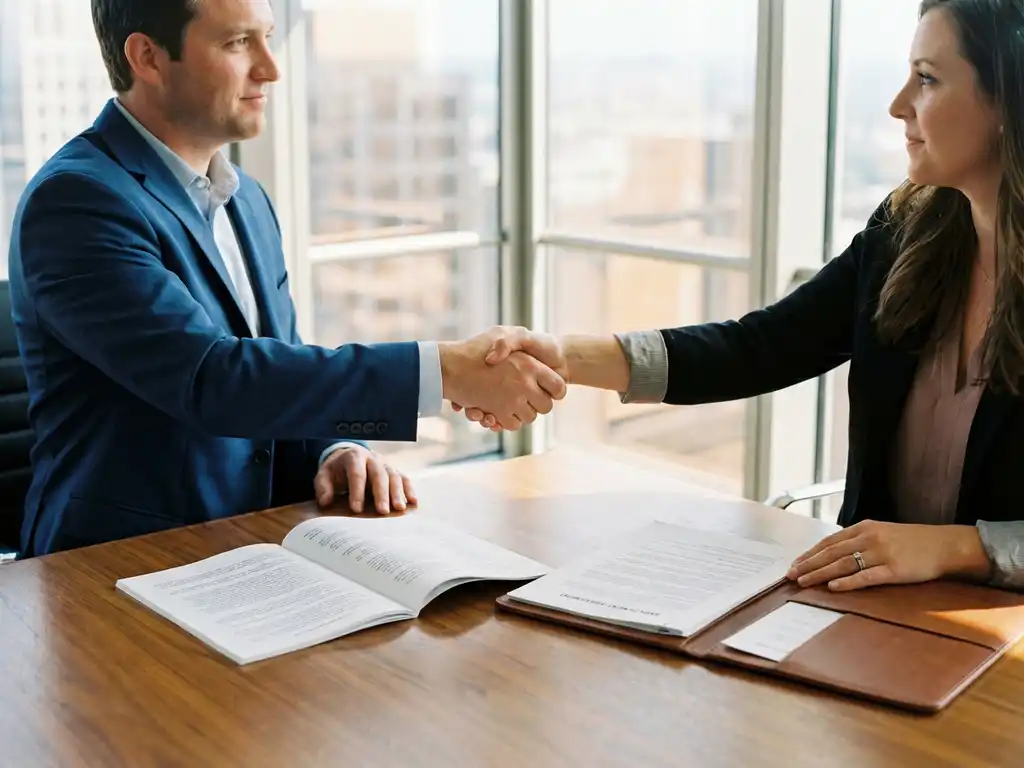 Professionele handdruk tussen recruiter en kandidaat boven arbeidscontract op houten bureau in modern kantoor