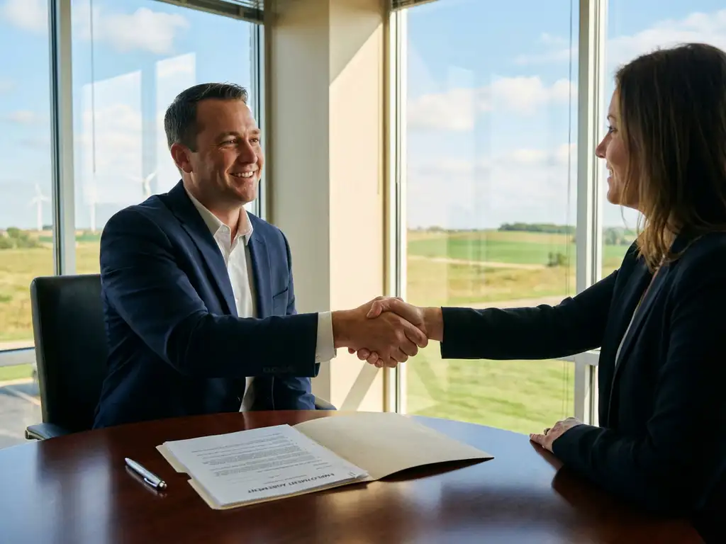 Professionele handdruk tussen recruiter en kandidaat in modern kantoor met arbeidscontracten op houten bureau