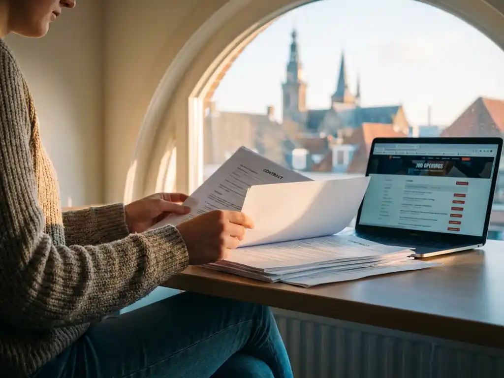 Student bekijkt contracten aan bureau met laptop met vacatures, natuurlijk licht door raam met uitzicht op Groningen