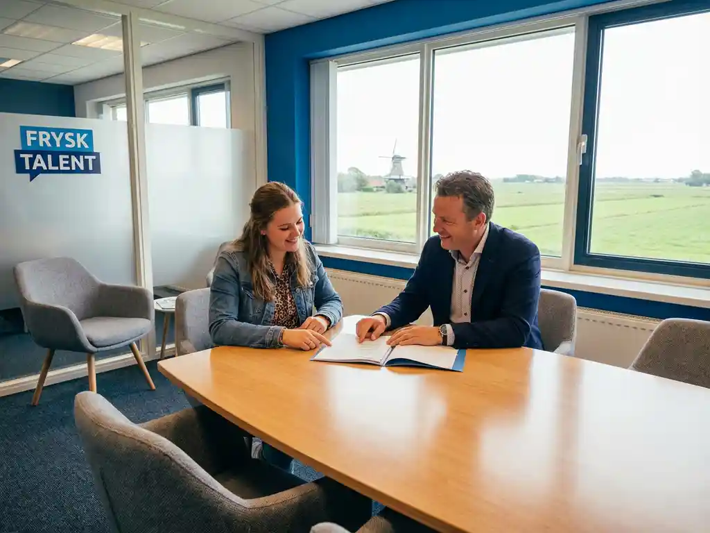 Student in gesprek met recruiter aan modern bureau in Friese recruitmentbureau met uitzicht op Nederlands platteland