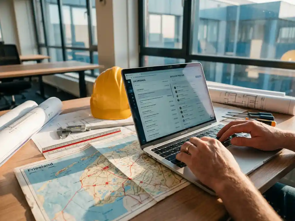 Recruiter typt op laptop met vacatures omringd door bouwhelm, technische tekeningen en gereedschap op kaart van Friesland
