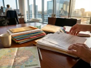 Sollicitatiemappen en cv's verspreid over houten bureau met Drachten stadskaart, koffiekop en pen in modern kantoor