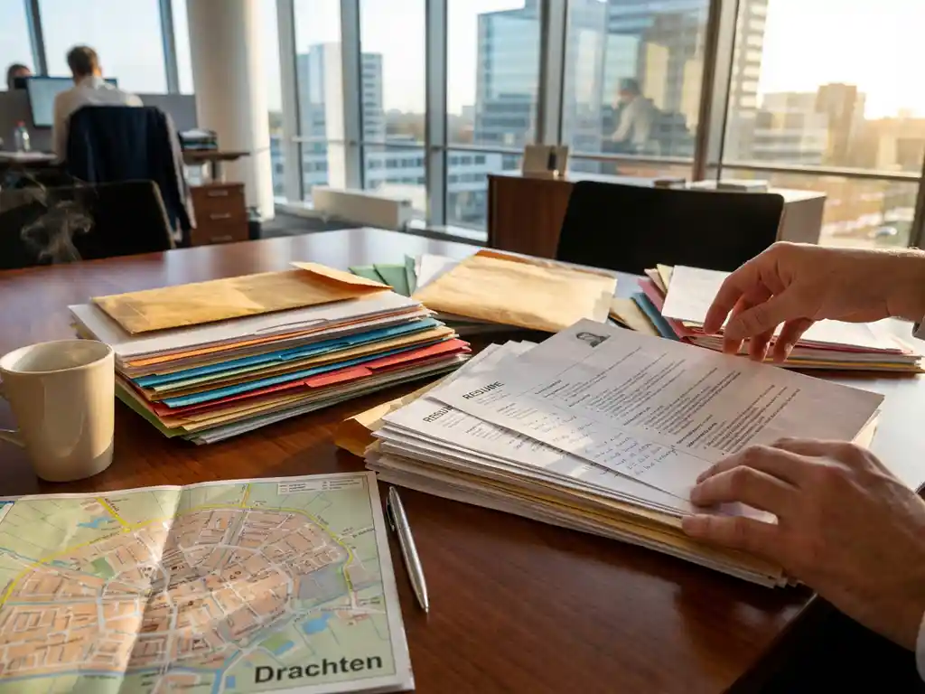 Sollicitatiemappen en cv's verspreid over houten bureau met Drachten stadskaart, koffiekop en pen in modern kantoor
