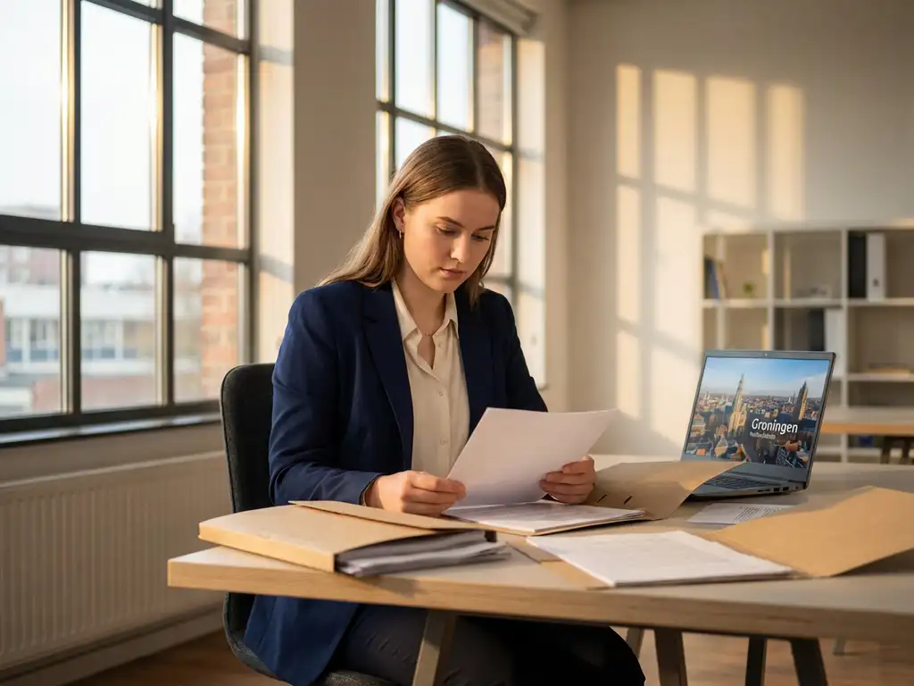 Jonge professional in zakelijke kleding bekijkt sollicitatiemappen aan moderne bureautafel met laptop en Groningen skyline op achtergrond