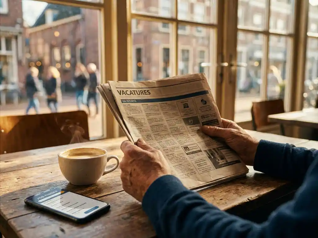 Handen houden krant met vacatures op houten cafétafel in Drachten, koffiekop en smartphone met banenzoek-app erbij