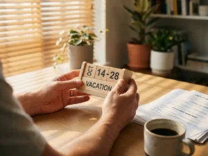 Handen houden houten kalenderblok met vakantiedatums op kantoorbureau naast arbeidscontracten en koffiekop