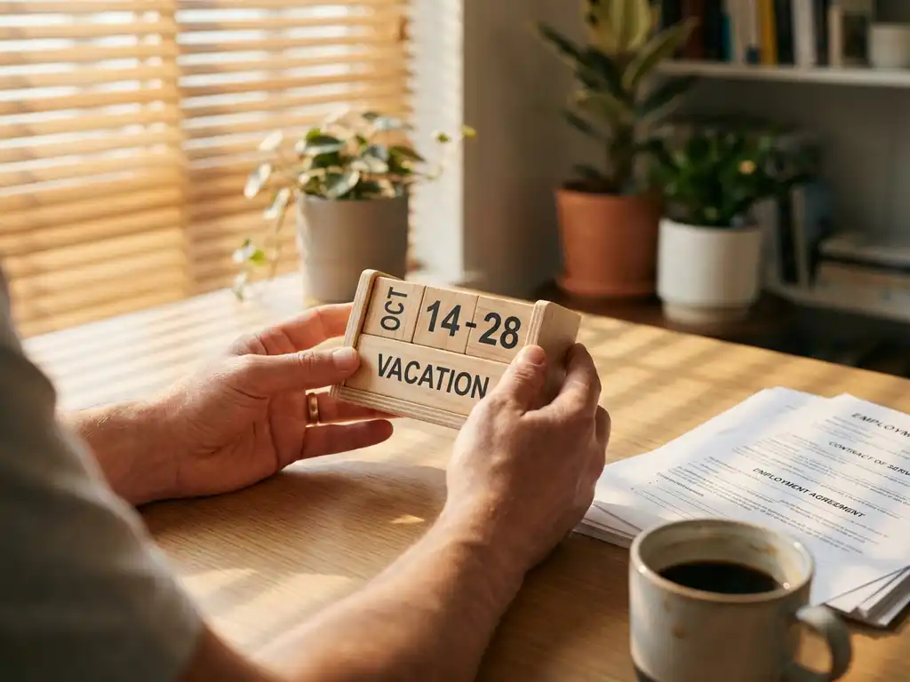 Handen houden houten kalenderblok met vakantiedatums op kantoorbureau naast arbeidscontracten en koffiekop