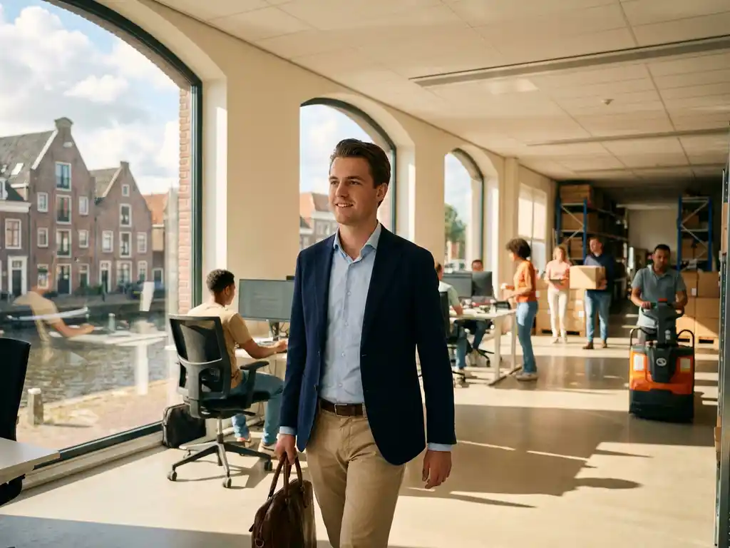Jonge professional loopt zelfverzekerd door Nederlandse werkplaats met Friese architectuur en diverse medewerkers op achtergrond