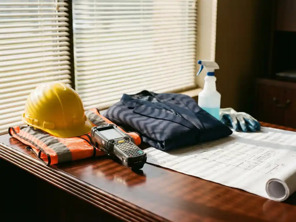 Diverse werkkleding en gereedschappen op houten bureau: veiligheidshelm, vest, scanner, blazer, schoonmaakspullen en bouwplannen