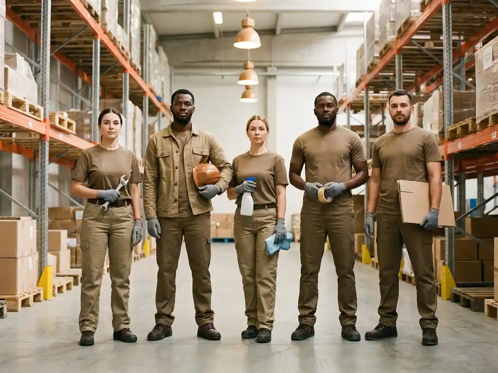 Diverse werknemers in uniforms staan zelfverzekerd in moderne magazijn met gereedschap en veiligheidshelmen
