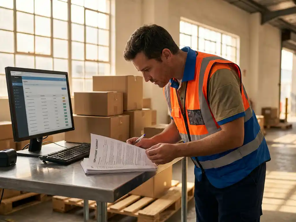 Magazijnmedewerker in veiligheidsvest bestudeert arbeidscontract aan bureau in modern logistiek centrum met dozen en computerterminal