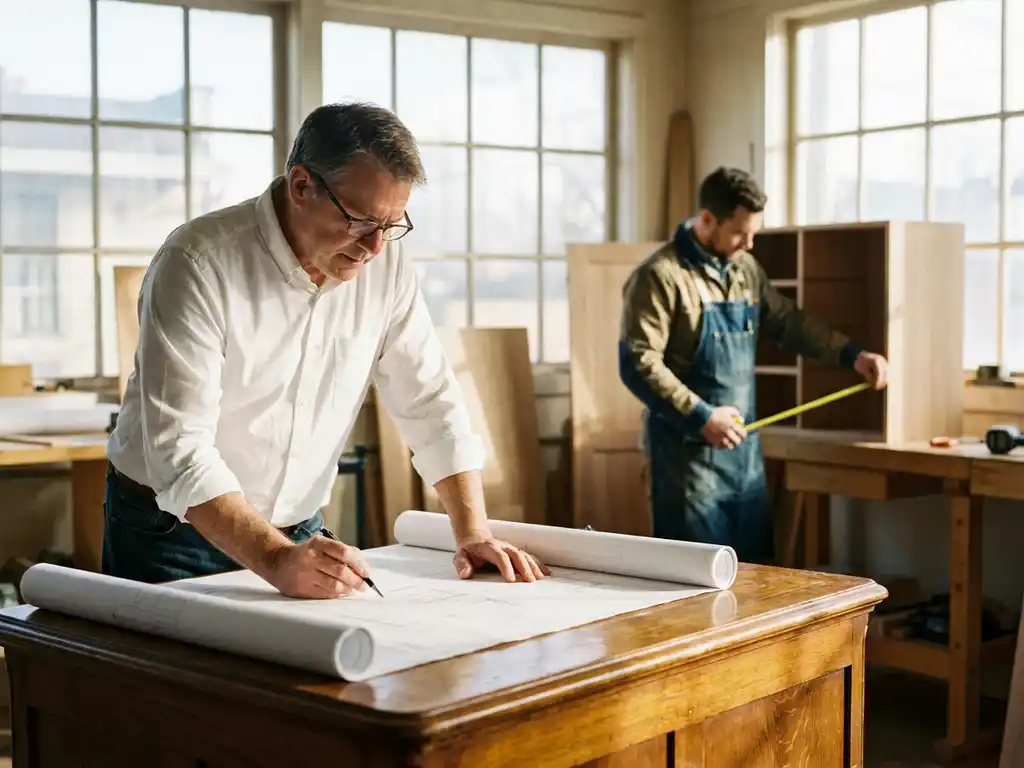 Architect in wit overhemd bestudeert blauwdrukken aan houten bureau terwijl ambachtsman op achtergrond houten kasten opmeet