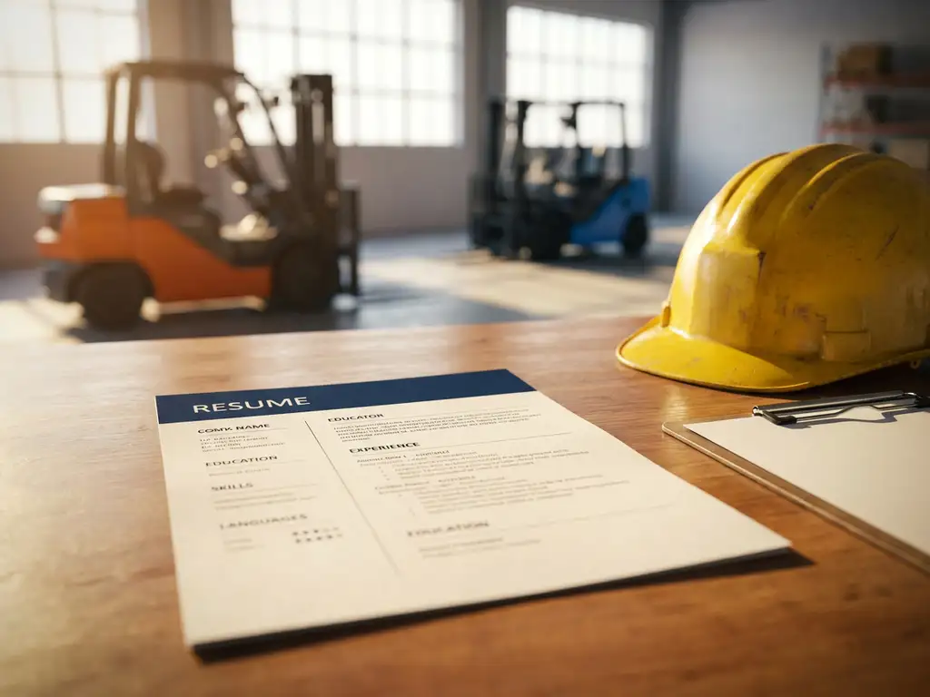 CV-document op magazijnbureau naast gele veiligheidshelm en klembord, met heftrucks op achtergrond