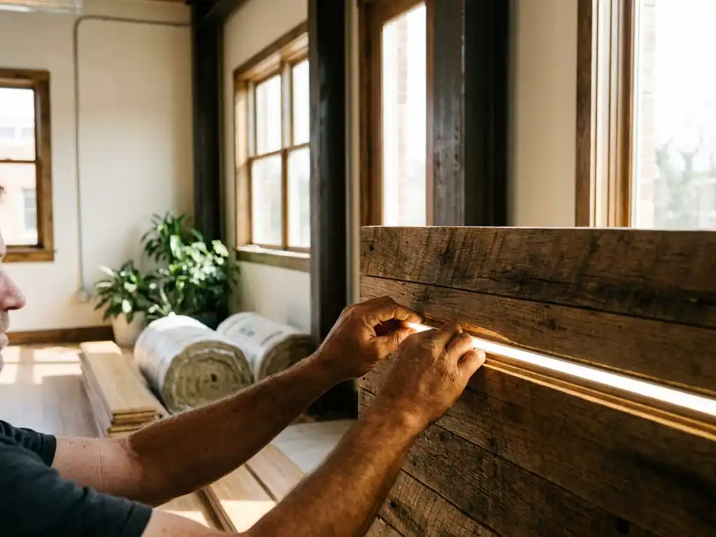Vakman installeert gerecyclede houten panelen naast LED-verlichting in moderne kantoorruimte met bamboe vloer en stalen balken