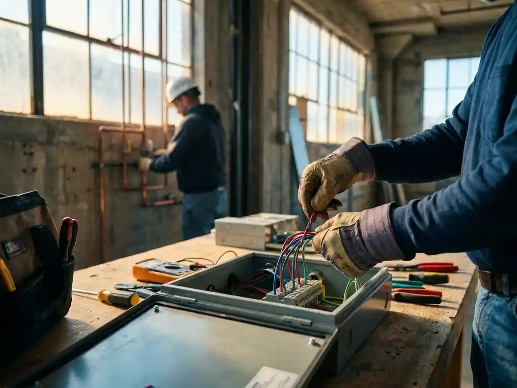 Elektricien in veiligheidshandschoenen verbindt kleurrijke draden in open elektrische paneel op bouwplaats