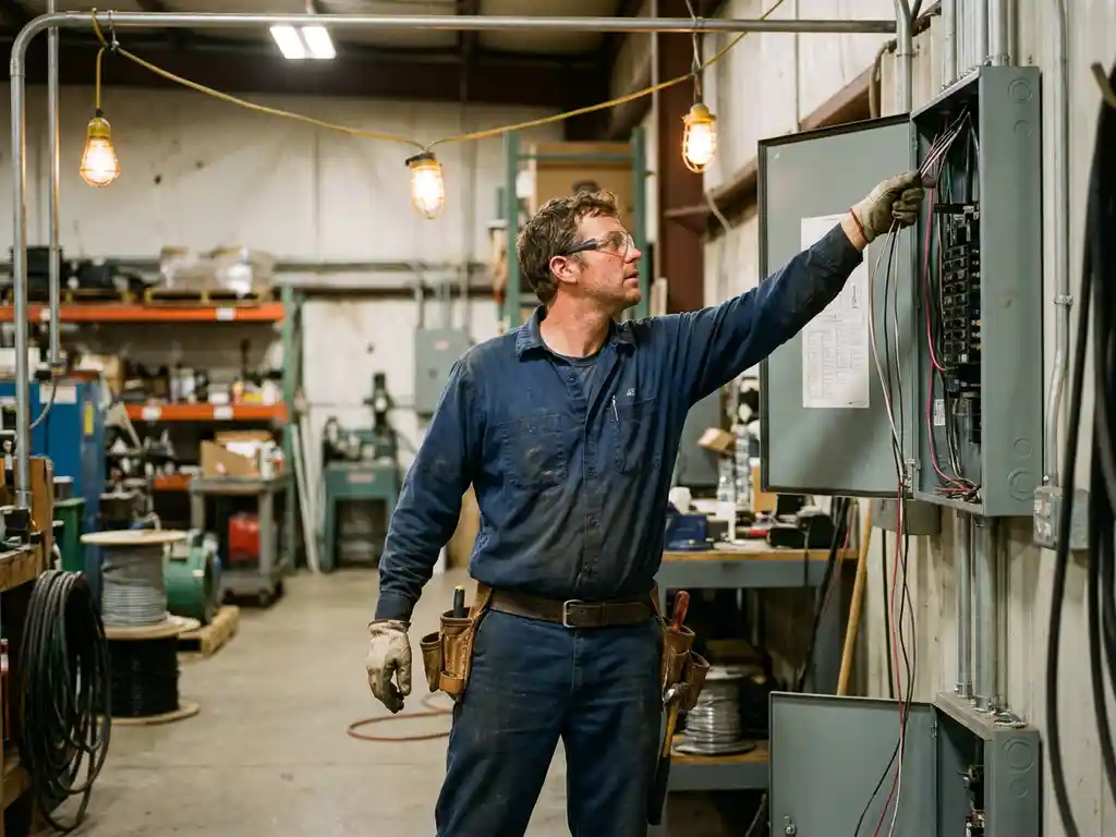 Elektricien in marineblauw uniform installeert bedrading in elektrisch paneel in industriële werkplaats