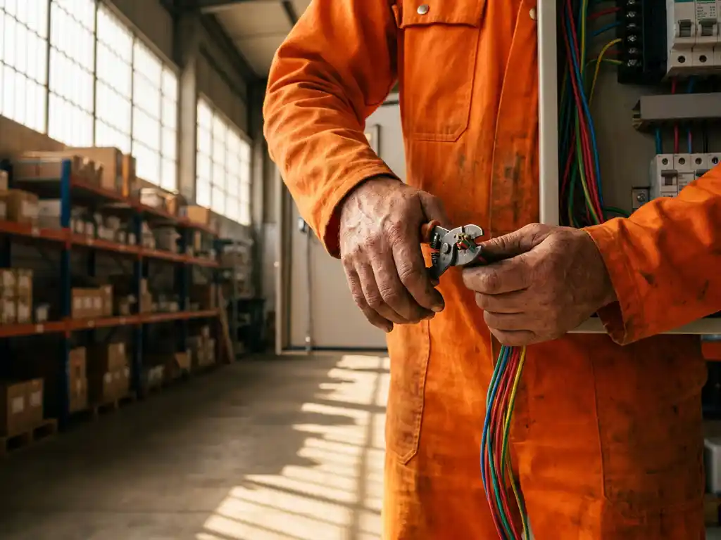 Elektricien in oranje werkkleding onderzoekt elektrisch paneel met kleurrijke draden in industriële magazijnruimte