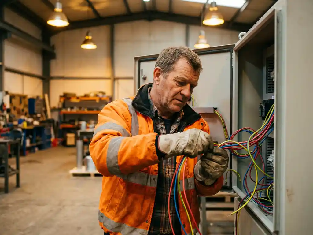 Elektricien in oranje veiligheidskleding verbindt gekleurde draden in open bedieningspaneel in industriële werkplaats