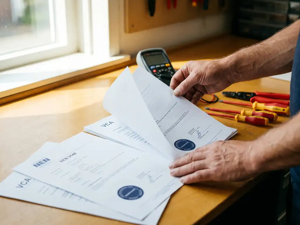 Elektricien bestudeert NEN 3140 en VCA veiligheidscertificaten op houten bureau met multimeter en gereedschap